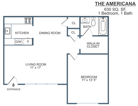 Floor plan for 1 bed, 1 bath, 630 sqft
